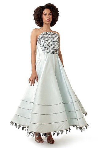 Powder Blue Satin Crystal Embellished Flared Gown by Modo Caldo