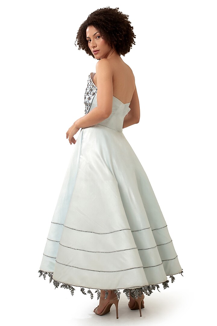 Powder Blue Satin Crystal Embellished Flared Engagement Gown by Modo Caldo at Pernia's Pop Up Shop