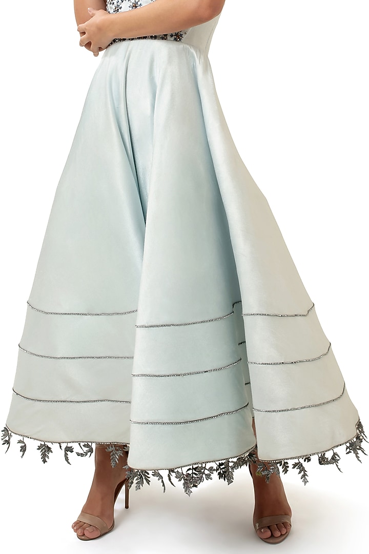 Powder Blue Satin Crystal Embellished Flared Engagement Gown by Modo Caldo at Pernia's Pop Up Shop