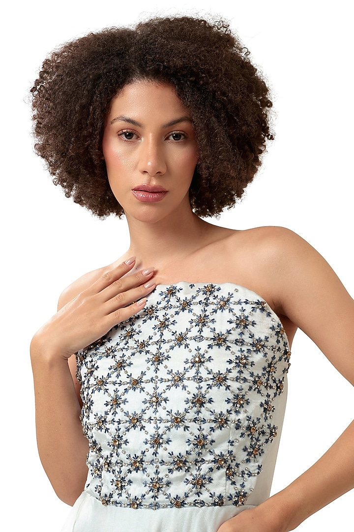 Powder Blue Satin Crystal Embellished Flared Engagement Gown by Modo Caldo at Pernia's Pop Up Shop