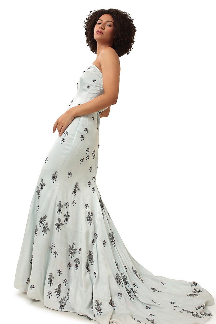 Powder Blue Satin Stone Embellished Off-Shoulder Mermaid Engagement Gown by Modo Caldo at Pernia's Pop Up Shop