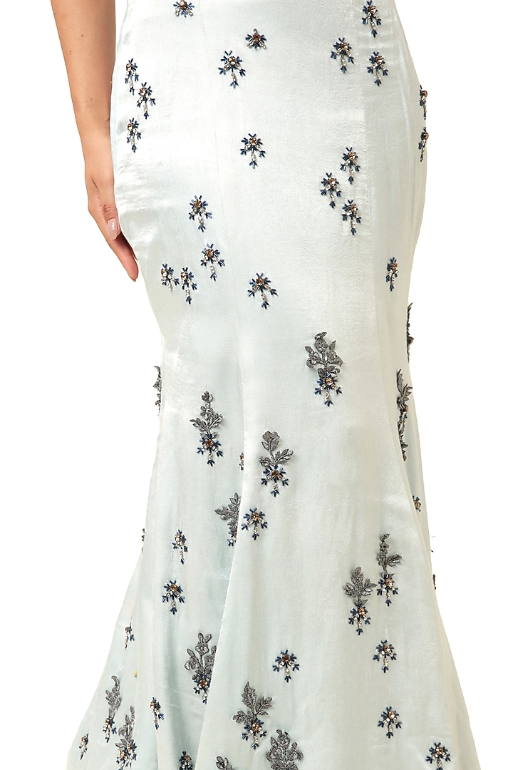 Powder Blue Satin Stone Embellished Off-Shoulder Mermaid Engagement Gown by Modo Caldo at Pernia's Pop Up Shop