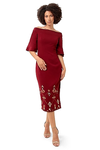 Red Moss Crepe Beadwork Midi Dress by Modo Caldo