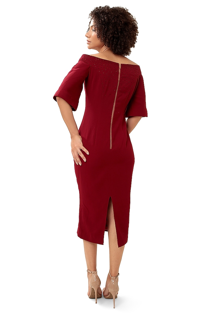 Red Moss Crepe Beadwork Midi Vacation Dress by Modo Caldo at Pernia's Pop Up Shop