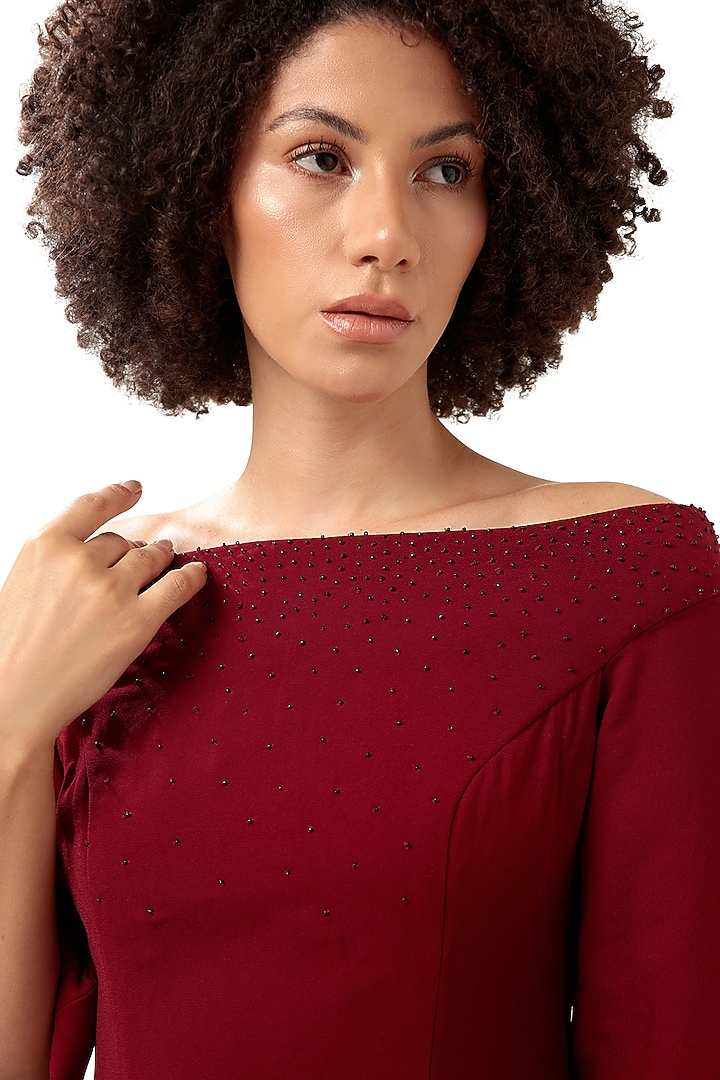 Red Moss Crepe Beadwork Midi Vacation Dress by Modo Caldo at Pernia's Pop Up Shop