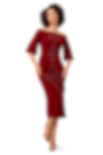 Red Moss Crepe Beadwork Midi Vacation Dress by Modo Caldo at Pernia's Pop Up Shop