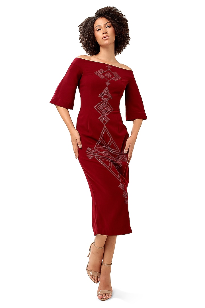 Red Moss Crepe Beadwork Midi Vacation Dress by Modo Caldo at Pernia's Pop Up Shop
