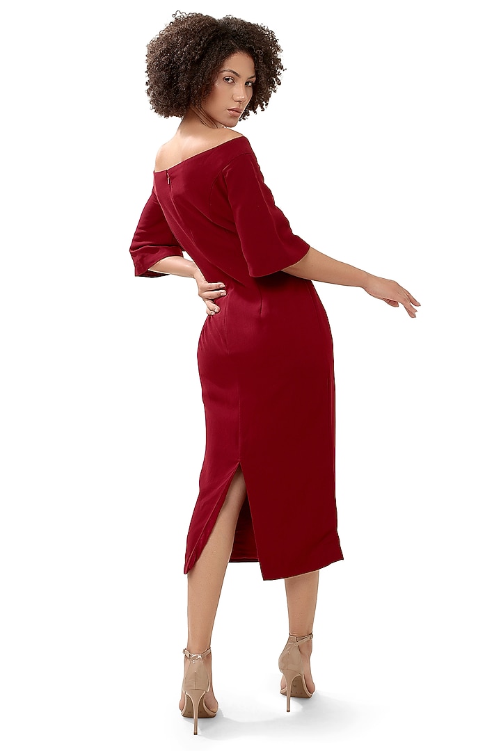 Red Moss Crepe Beadwork Midi Vacation Dress by Modo Caldo at Pernia's Pop Up Shop