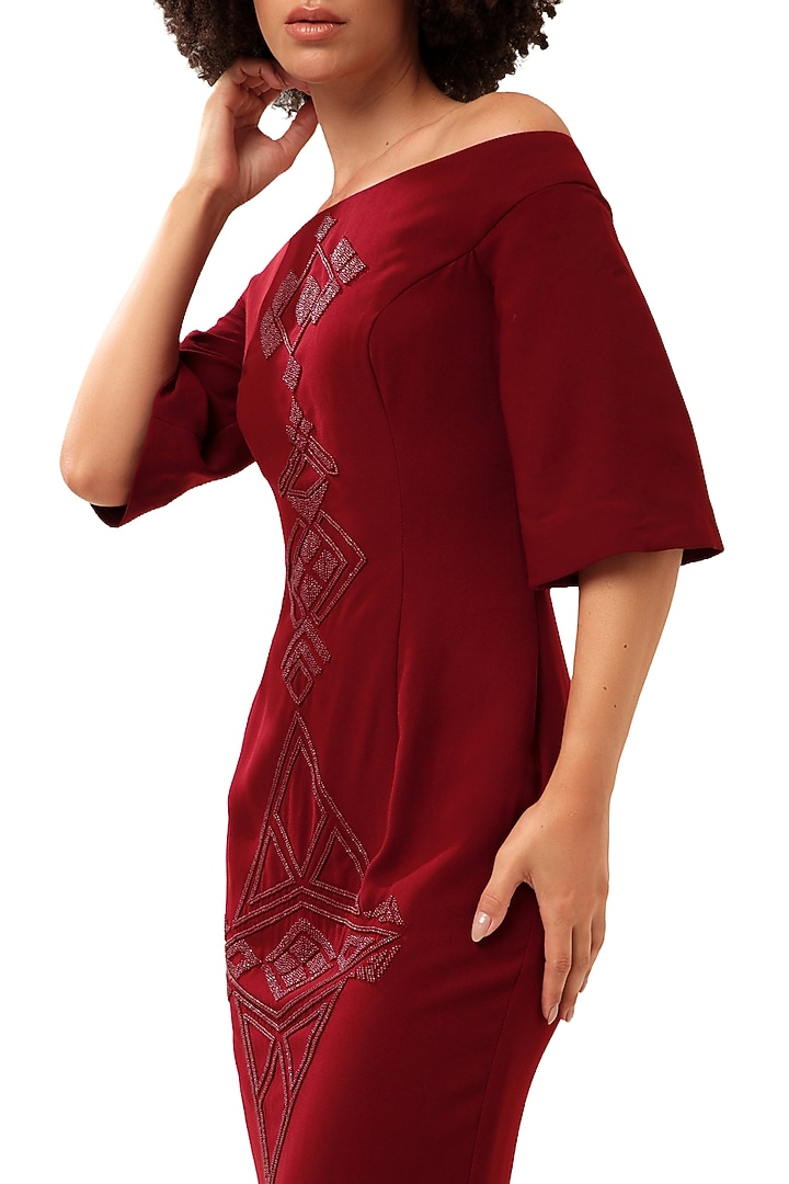 Red Moss Crepe Beadwork Midi Vacation Dress by Modo Caldo at Pernia's Pop Up Shop