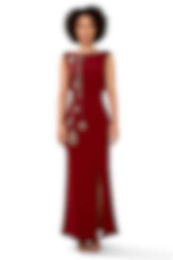 Red Moss Crepe Embellished Maxi Vacation Dress by Modo Caldo at Pernia's Pop Up Shop