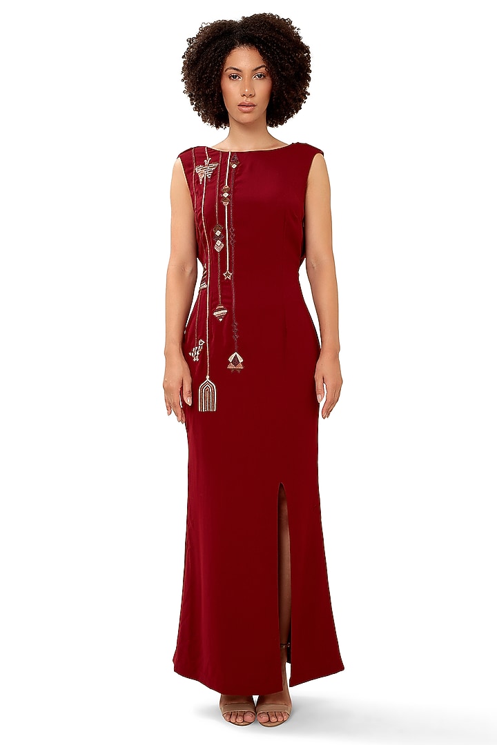 Red Moss Crepe Embellished Maxi Vacation Dress by Modo Caldo at Pernia's Pop Up Shop