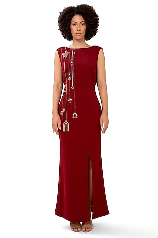 Red Moss Crepe Embellished Maxi Dress by Modo Caldo