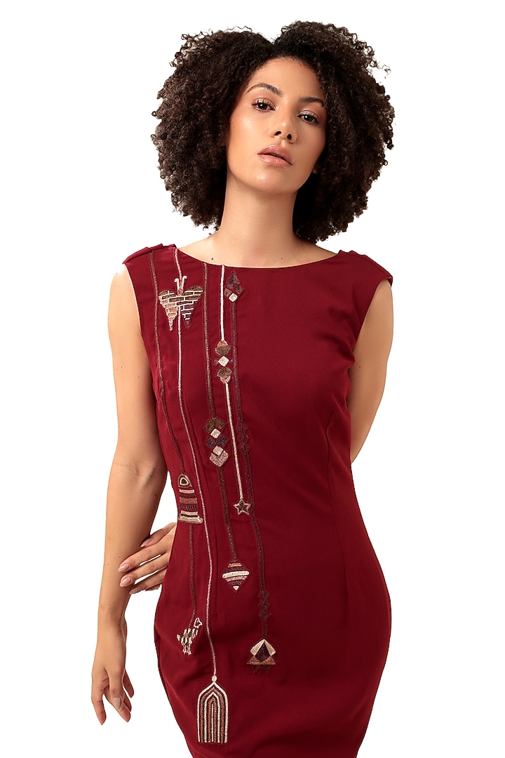 Red Moss Crepe Embellished Maxi Vacation Dress by Modo Caldo at Pernia's Pop Up Shop