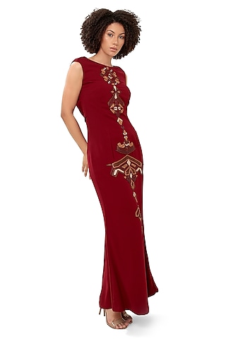 Red Moss Crepe Embellished Maxi Dress by Modo Caldo