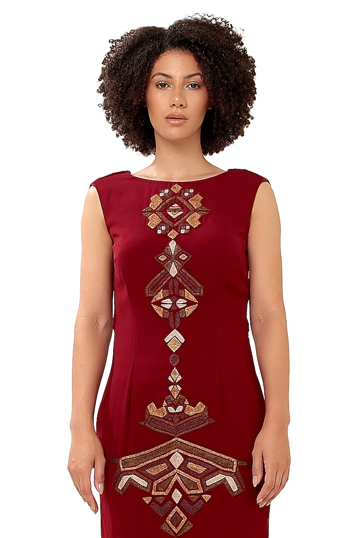 Red Moss Crepe Embellished Maxi Vacation Dress by Modo Caldo at Pernia's Pop Up Shop