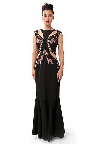 Black Crepe & Double Georgette Metallic Thread Embellished Mermaid Gown by Modo Caldo