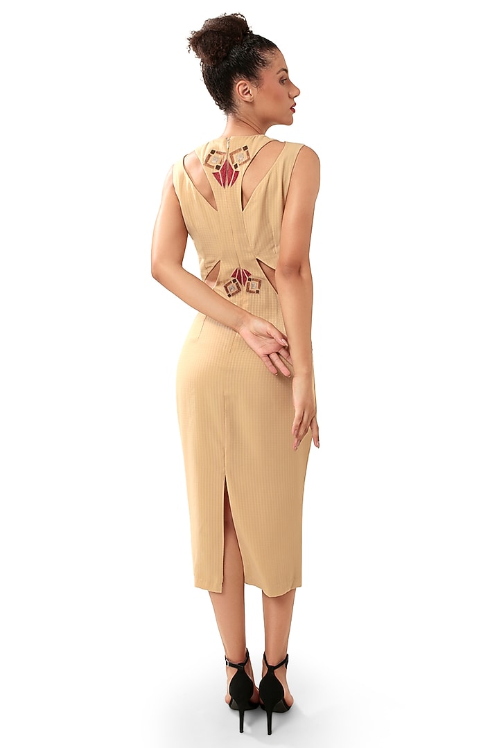 Beige Textured Georgette Metallic Thread Embellished Midi Vacation Dress by Modo Caldo at Pernia's Pop Up Shop