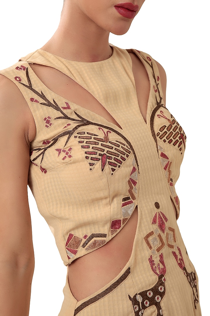 Beige Textured Georgette Metallic Thread Embellished Midi Vacation Dress by Modo Caldo at Pernia's Pop Up Shop