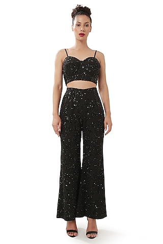 Black Moss Crepe Embellished Crop Top by Modo Caldo
