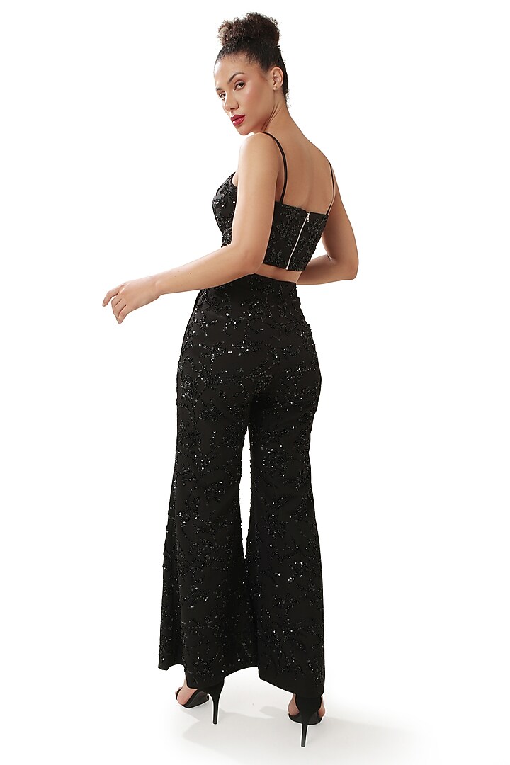 Black Moss Crepe Embellished Crop Top by Modo Caldo at Pernia's Pop Up Shop