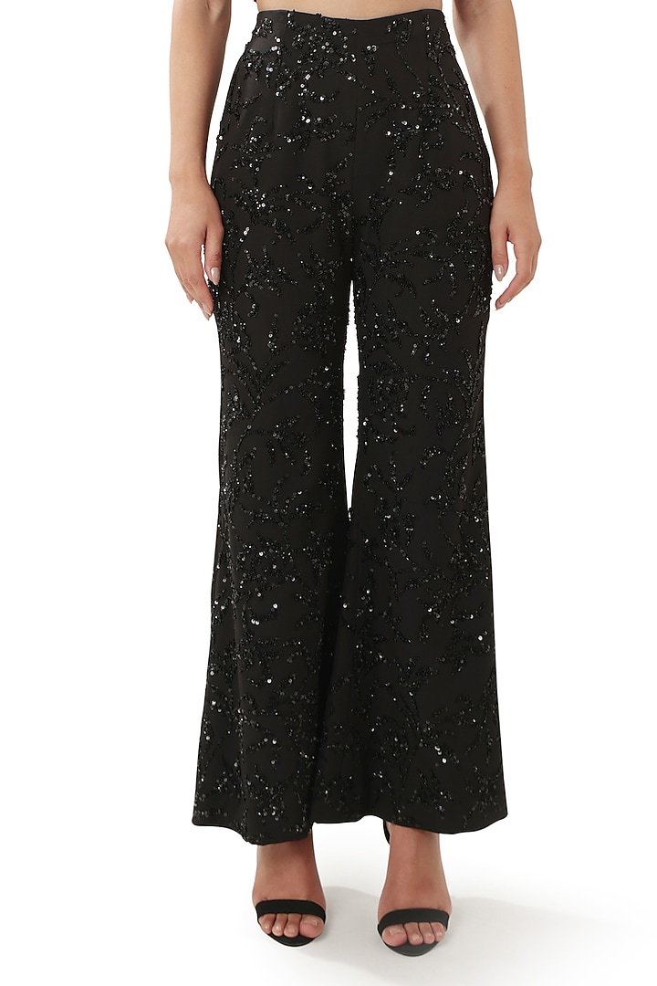 Black Moss Crepe Embellished Crop Top by Modo Caldo at Pernia's Pop Up Shop