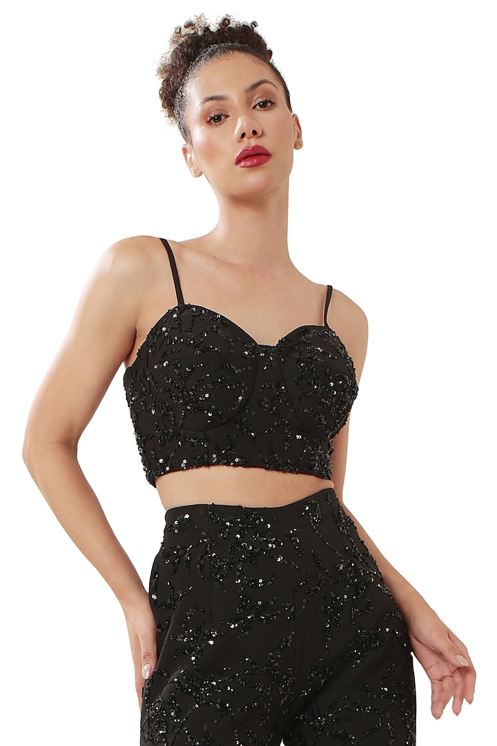 Black Moss Crepe Embellished Crop Top by Modo Caldo at Pernia's Pop Up Shop
