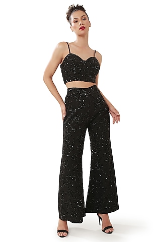 Black Moss Crepe Embellished Handcrafted Bootcut Pant by Modo Caldo
