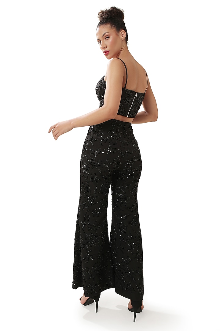 Black Moss Crepe Embellished Handcrafted Bootcut Pant by Modo Caldo at Pernia's Pop Up Shop