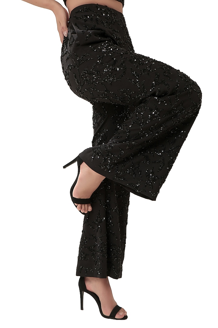 Black Moss Crepe Embellished Handcrafted Bootcut Pant by Modo Caldo at Pernia's Pop Up Shop