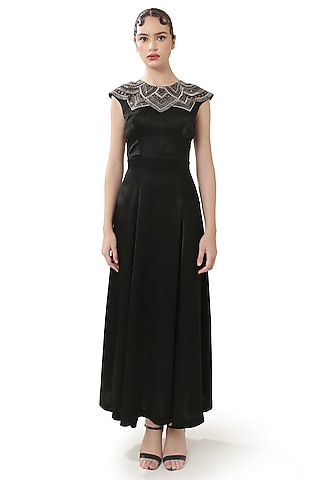 Black Velvet Satin Embellished Maxi Dress by Modo Caldo