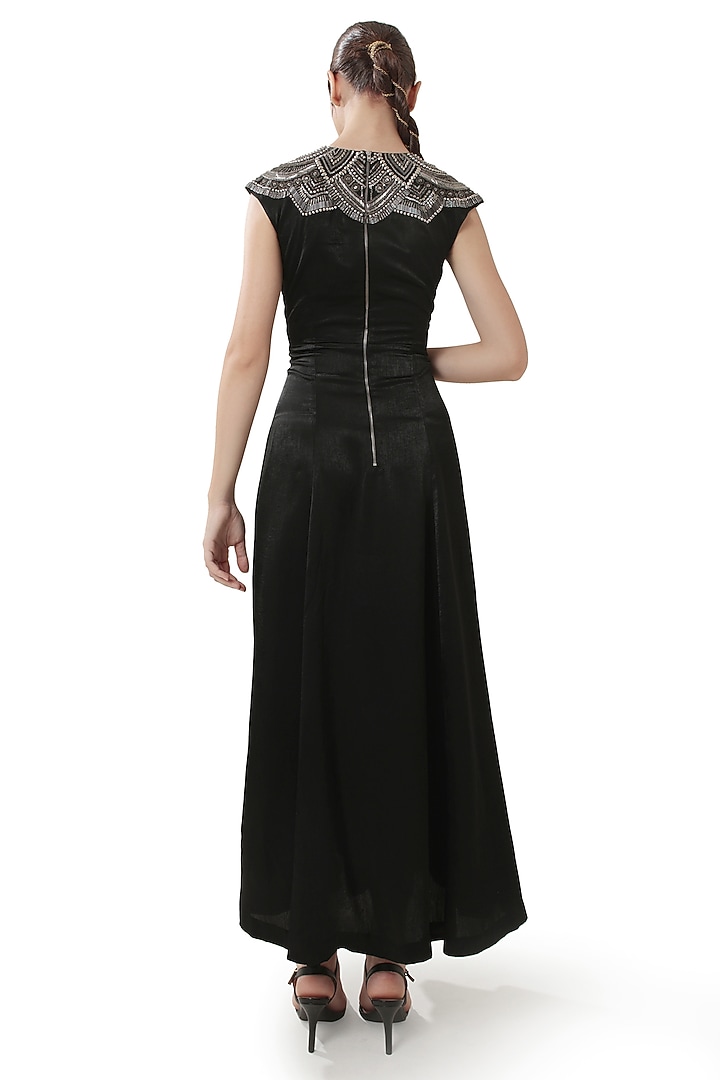 Black Velvet Satin Embellished Maxi Vacation Dress by Modo Caldo at Pernia's Pop Up Shop