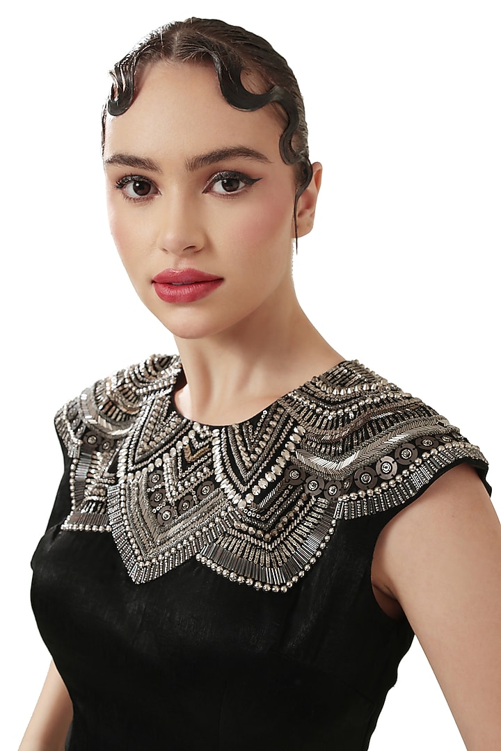 Black Velvet Satin Embellished Maxi Vacation Dress by Modo Caldo at Pernia's Pop Up Shop