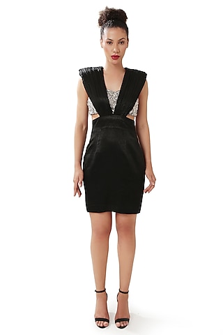 Black Velvet Satin Embellished Mini Dress by Modo Caldo