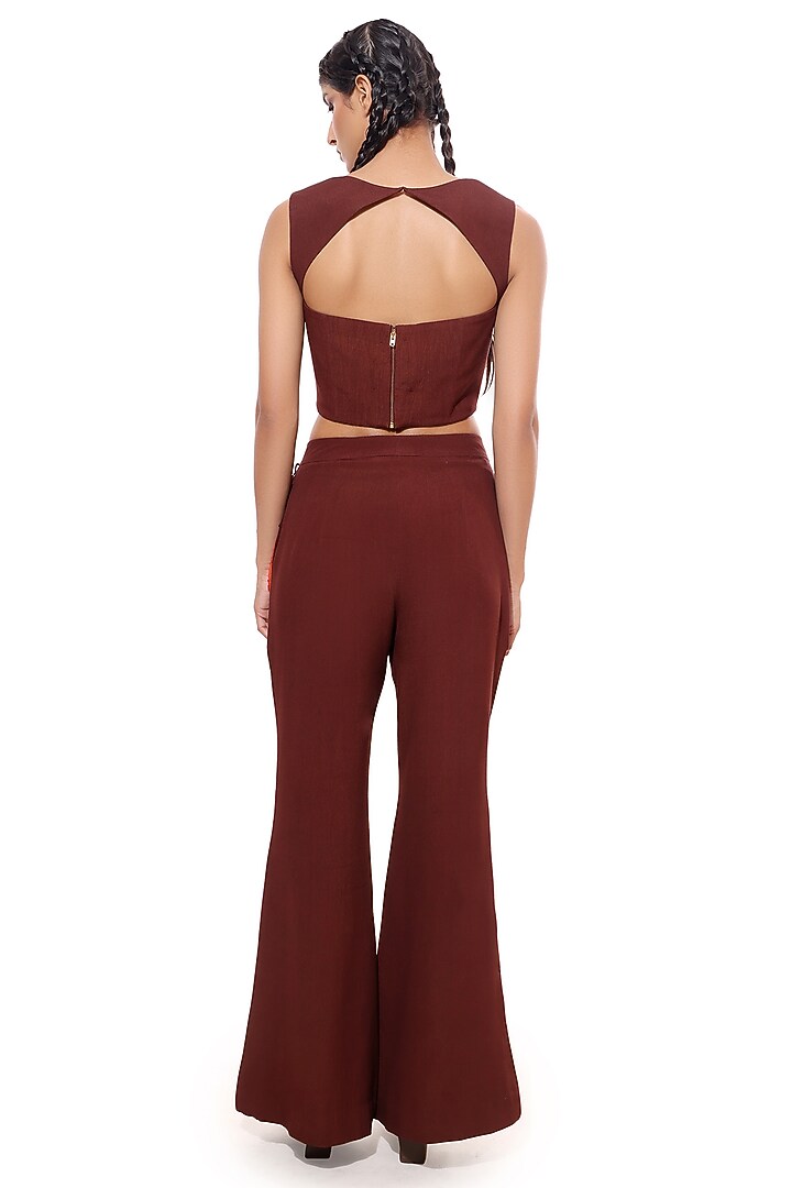 Brown Moss Crepe Appliqu? Embellished Boot-Cut Pants by Modo Caldo at Pernia's Pop Up Shop