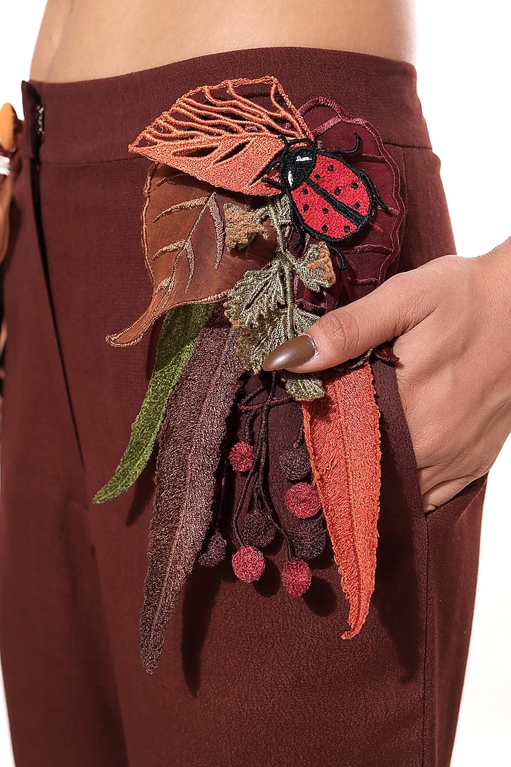 Brown Moss Crepe Appliqu? Embellished Boot-Cut Pants by Modo Caldo at Pernia's Pop Up Shop