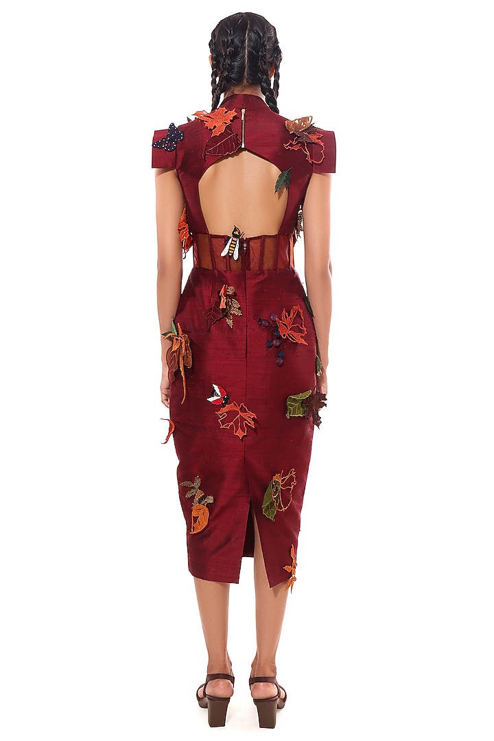 Red Raw Silk & Tulle Applique Embellished Bodycon Cocktail Dress by Modo Caldo at Pernia's Pop Up Shop