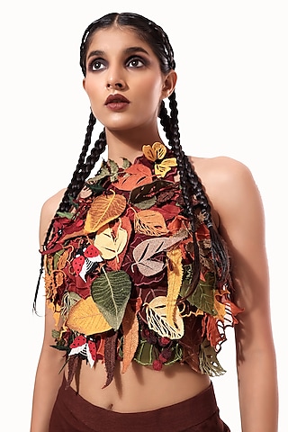Multi-Colored Moss Crepe & Tulle Applique Embellished Top by Modo Caldo