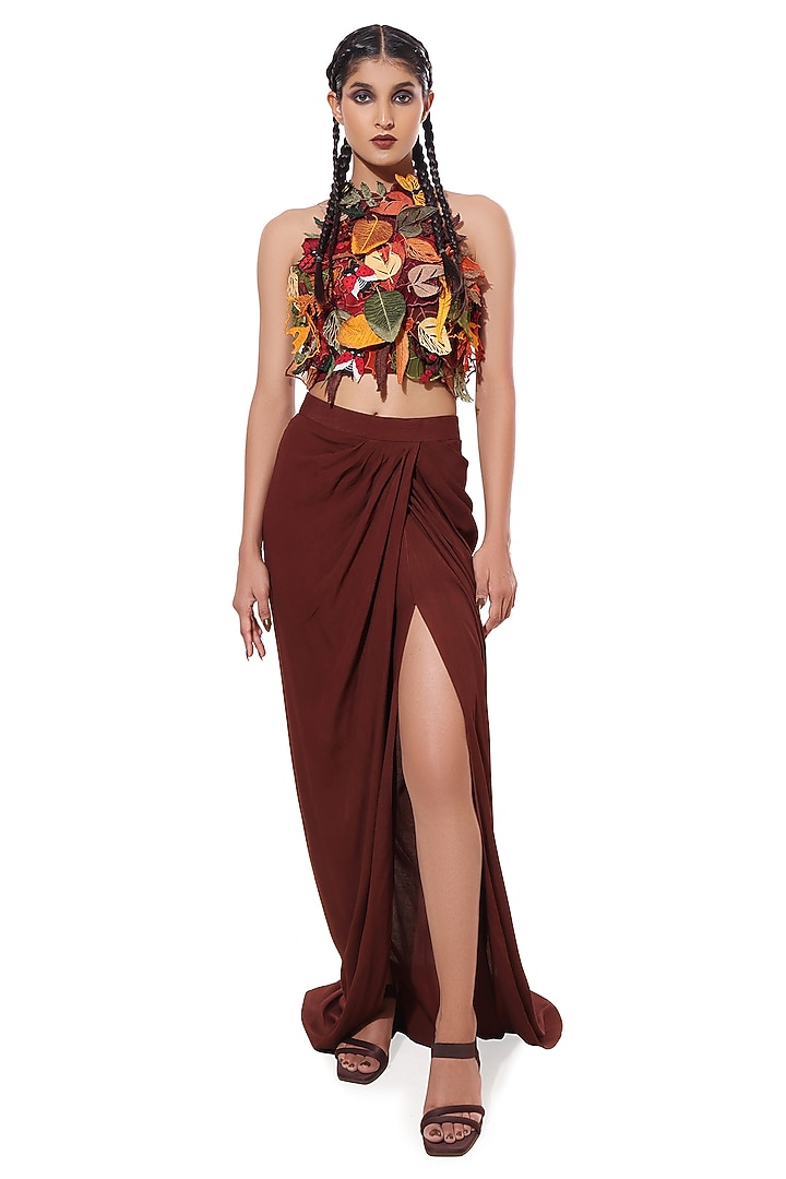 Multi-Colored Moss Crepe & Tulle Applique Embellished Top by Modo Caldo at Pernia's Pop Up Shop