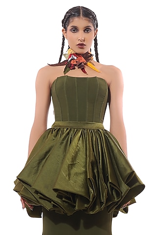 Green Moss Crepe Off-Shoulder Corset  by Modo Caldo