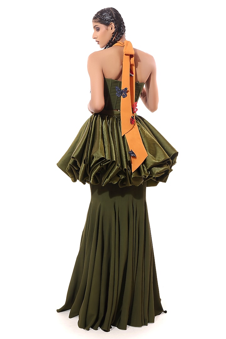 Green Moss Crepe Off-Shoulder Corset by Modo Caldo at Pernia's Pop Up Shop