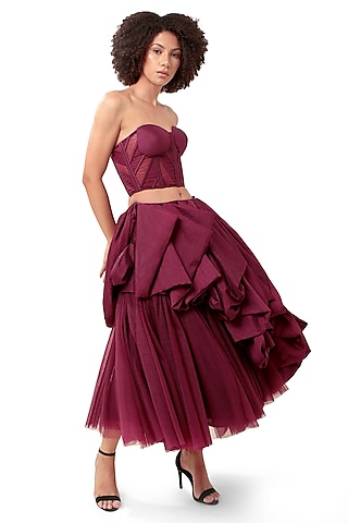 Purple Corel Silk & Tulle Draped Skirt Set by Modo Caldo