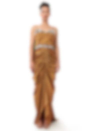 Copper Brown Satin Draped Party Wear Gown by Modo Caldo at Pernia's Pop Up Shop