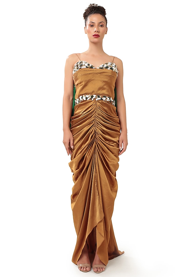 Copper Brown Satin Draped Party Wear Gown by Modo Caldo at Pernia's Pop Up Shop