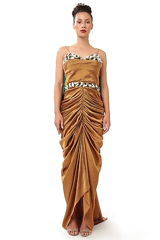 Copper Brown Satin Draped Gown by Modo Caldo
