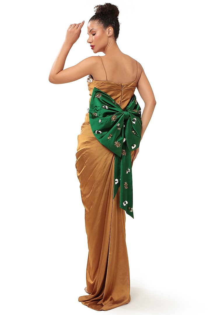 Copper Brown Satin Draped Party Wear Gown by Modo Caldo at Pernia's Pop Up Shop