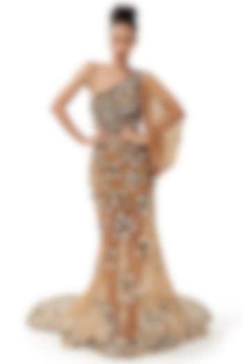 Copper Brown Satin & Tulle Hand Embellished One-Shoulder Wedding Gown by Modo Caldo at Pernia's Pop Up Shop