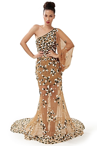 Copper Brown Satin & Tulle Hand Embellished One-Shoulder Gown by Modo Caldo