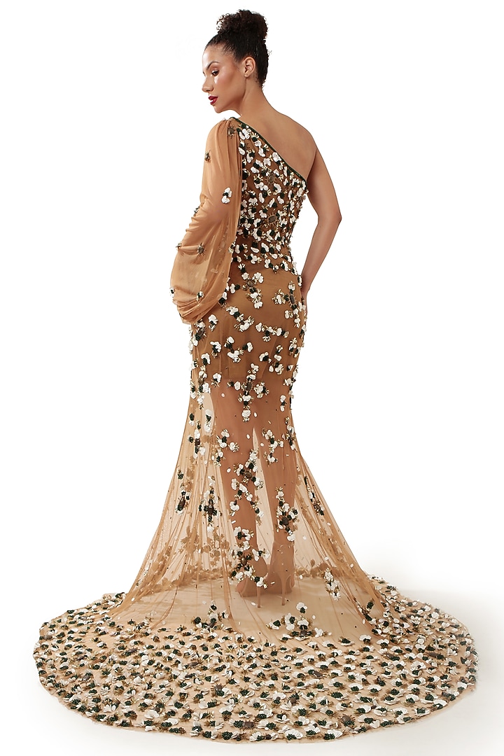Copper Brown Satin & Tulle Hand Embellished One-Shoulder Wedding Gown by Modo Caldo at Pernia's Pop Up Shop