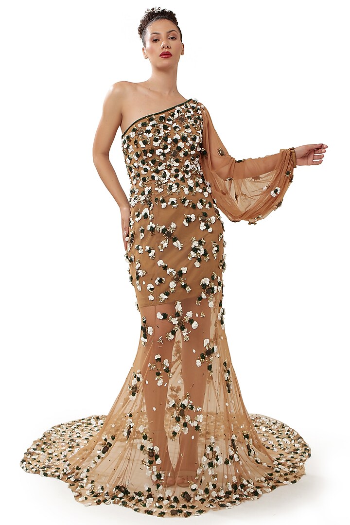 Copper Brown Satin & Tulle Hand Embellished One-Shoulder Wedding Gown by Modo Caldo at Pernia's Pop Up Shop