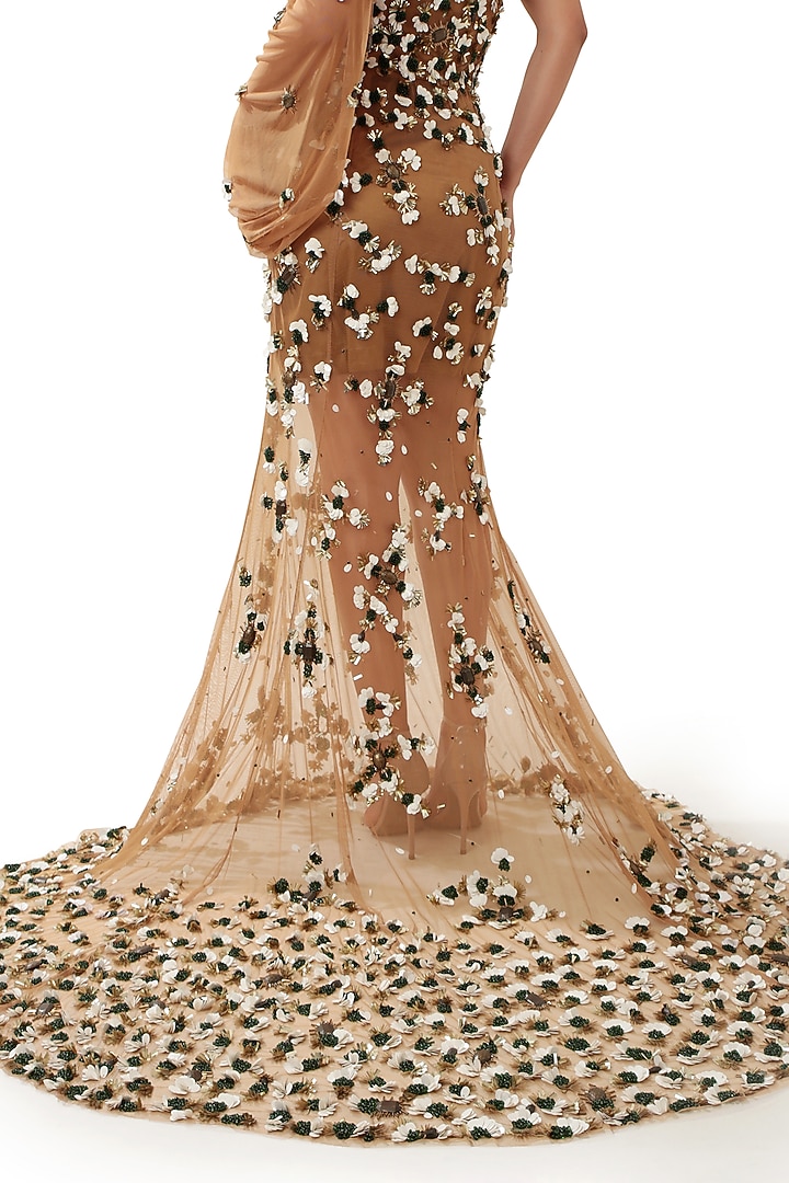 Copper Brown Satin & Tulle Hand Embellished One-Shoulder Wedding Gown by Modo Caldo at Pernia's Pop Up Shop